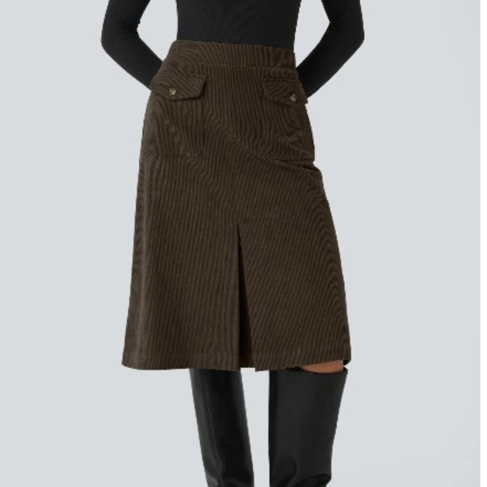Mid Rise Front Side Flap Pocket Midi Corduroy Casual Skirt